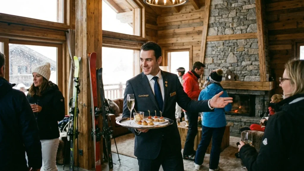 Agence M Com Marseille Altheor Courchevel Nettoyage interieur chalet montagne cheminee concierge clients amuses bouches champagne